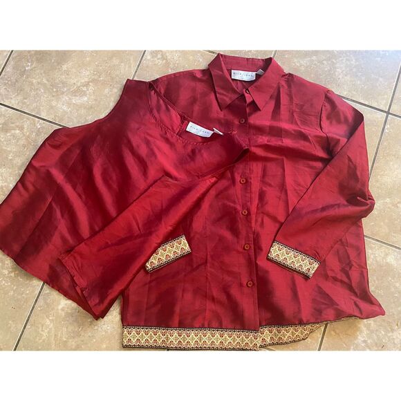 SILK Lore Burgundy Shirt / Jacket & Tank 100% Silk  L Embellished Gold Vintage - Picture 1 of 10